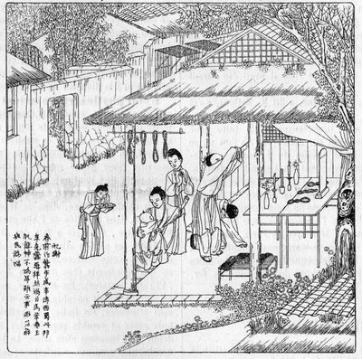 Seta e baco da seta in Cina: grazie alla dea della seta. Incisione in 