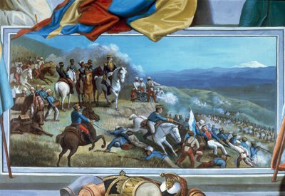 Simon Bolivar guida le truppe ribelli contro le forze spagnole di Agustin Agualongo, affresco nel municipio di Ibarra, Ecuador da Unknown artist