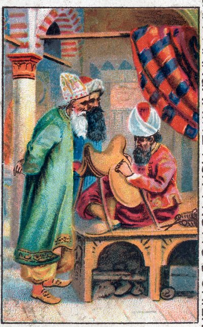 Sindbad fa una sella. Le meravigliose avventure di Sinbad il marinaio. Racconto popolare delle Mille e una notte. Cromolitografia della fine del XIX secolo. da Unknown artist