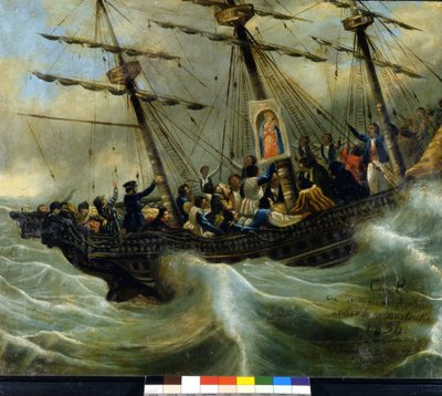 Naufragio di una nave di emigranti svizzeri. Ex voto del 1856 dal santuario della Madonna del Sasso a Locarno. Dipinto attribuito a Giovanni Antonio Vanoni da Unknown artist