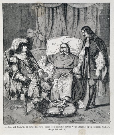 Sire, disse Mazzarino, "Vi devo tutto: ma pago Sua Maestà dandogli Colbert." Il cardinale Giulio Mazzarino (1602-1661) presenta Jean Baptiste Colbert (1619-1683) a Luigi XIV (1638-1715) Illus da Unknown artist