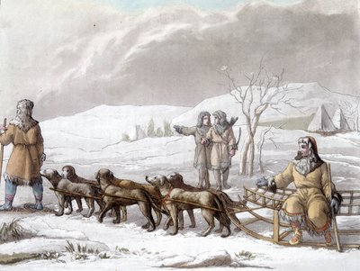 Slitta dei Kamptschadales trainata da cani, Siberia. Disegno di Gallina f. Biblioteca delle arti decorative di Parigi. 