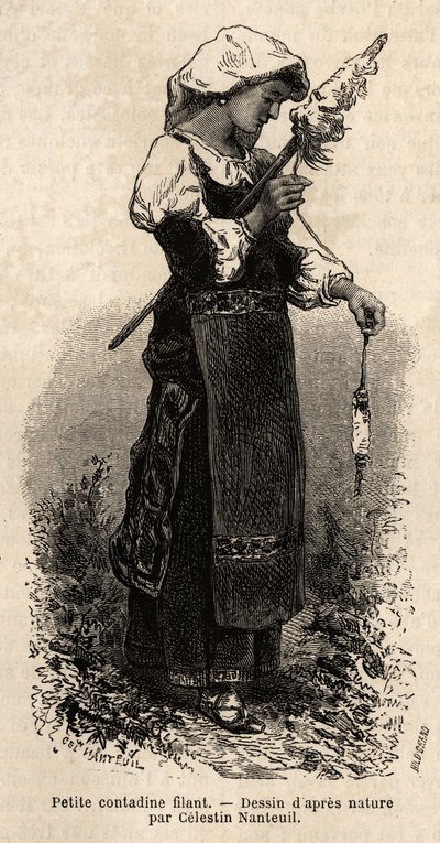 Piccola contadina dei dintorni di Roma, che fila la lana con il suo fuso. Incisione per illustrare il viaggio a Roma, di Francis Wey, nel 1864-1870, pubblicato in "Le tour du monde" 1870-1871, a cura di Edouard Charton, edizione Hachette, Parigi da Unknown artist