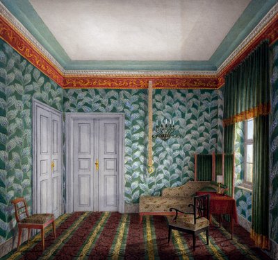 Piccola sala diurna con carta da parati verde e fogliame da Unknown artist