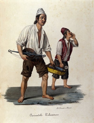 Piccolo mestiere di strada: venditori di pesci ambulanti. Incisione siciliana del XIX secolo da Unknown artist