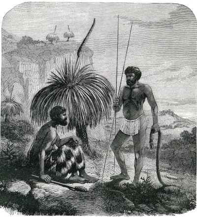 Cacciatori di serpenti in Australia. Incisione 1868 da Unknown artist
