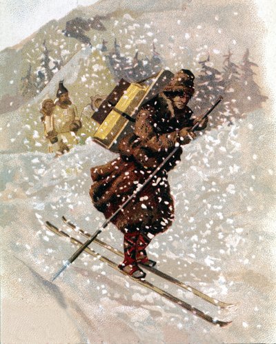 Sciare sulla neve. Cromolitografia da Unknown artist