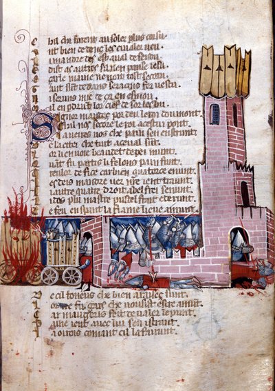Canzone di gesta: scena di combattimento vicino a una città fortificata (probabilmente la conquista della Spagna da parte dell