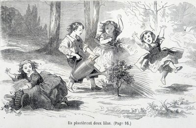 Sophie e i suoi amici piantano il lillà - in "Le disgrazie di Sophie" della Contessa di Ségur, Hachette da Unknown artist