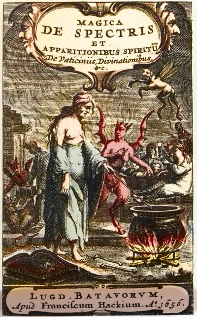 Streghe che preparano pozioni osservate dai diavoli, frontespizio da "Magica de spectris et apparitionibus spiritu de vaticiniis, divinationibus" di Henningus Grosius da Unknown artist