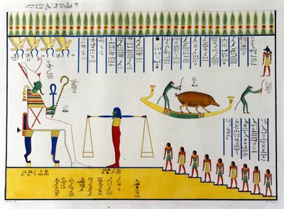 Le anime sono pesate da Osiride e, a seconda del giudizio, volano per unirsi agli spiriti liberi o tornano nei corpi animali per riprendere il ciclo fatale delle migrazioni. Tomba di Biban-el. Moluk da Unknown artist