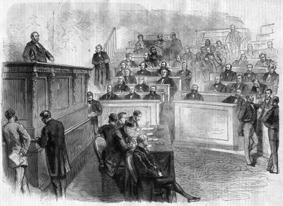 Discorso di Eugène Rouher (1814-1884) alla tribuna del corpo legislativo - Incisione in "Le Journal Illustré" da Unknown artist
