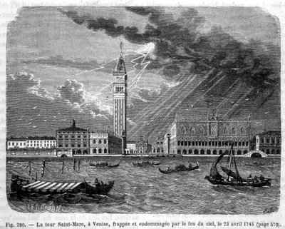 Torre di San Marco a Venezia colpita e danneggiata dal fuoco del cielo il 23 aprile 1745 - in "Le meraviglie della scienza" di Louis Figuier da Unknown artist