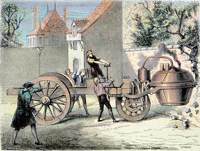 Auto a vapore inventata da Nicolas Joseph Cugnot (1725-1804) che perde il controllo e abbatte parte di un muro nel 1770 (primo incidente automobilistico riportato) - in 