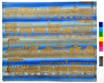 Locomotive a vapore, 1850 circa (xilografia su carta per rilegatura) da Unknown artist