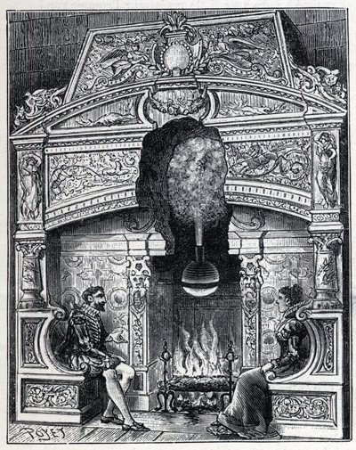 Vapore e calore solare: camino Eolipyl, sistema di macchina a vapore e reazione originariamente progettato da Erone di Alessandria (80 a.C.). Incisione in "La Nature" da Unknown artist