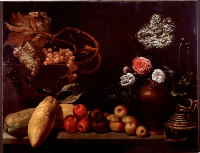 Natura morta con rose, fiori di arbusto, limoni e uva (dipinto) da Unknown artist