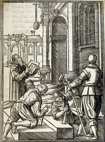 Scalpellini che lavorano alla costruzione di una cattedrale - incisione da Unknown artist