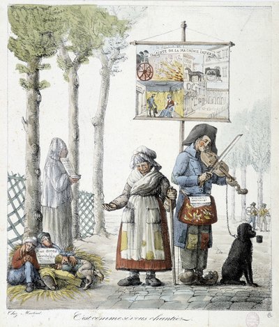 Musicisti di strada, bambini mendicanti - litografia da Unknown artist
