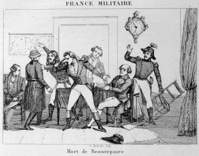 Suicidio di Beaurepaire (1792) dopo la decisione di restituire Verdun ai prussiani. Incisione del XIX secolo da Unknown artist