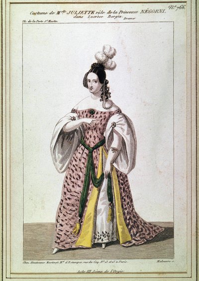 Costume di Miss Juliette Drouet per il ruolo della Principessa Negroni in "Lucrezia Borgia" di Victor Hugo. Incisione del XIX secolo da Unknown artist