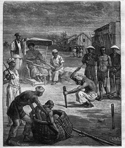 Supplice di due pirati a Tonkin - Il pirata di Tonkin - illustrazione per il romanzo di Pierre Mael (Charles Causse e Charles Vincent) incisione in "Journal des voyages" 1884 da Unknown artist