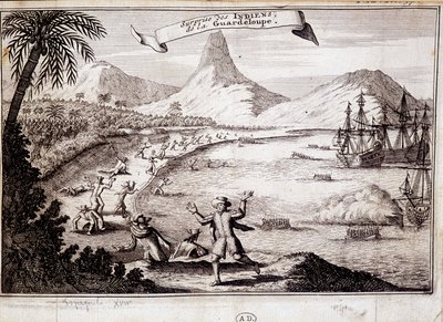 Sorpresa degli indiani allo sbarco di Cristoforo Colombo in Guadalupa (caravelle) - incisione da Unknown artist