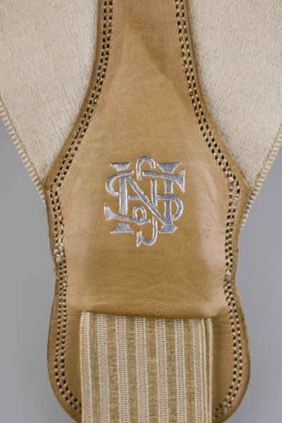 Bretelle, c.1880 (dettaglio), raso bianco ricamato, pelle, argento, produttore sconosciuto da Unknown artist