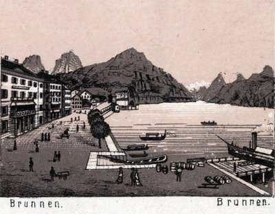 Svizzera: vista della città di Brunnen. in "Il mondo illustrato 168 vedute". Non datato (fine XIX secolo) da Unknown artist