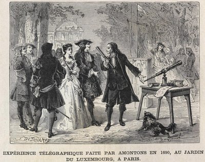 Esperimento telegrafico fatto da Guillaume Amontons nel 1690, al Giardino del Lussemburgo, Parigi, incisione del XIX secolo. Collezione Bianchetti da Unknown artist