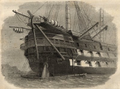 Telegrafia: vista della poppa della nave H.M.S. "Agamemnon" che poserà il primo cavo transatlantico. Incisione in "The Illustrated London News" del 5 giugno da Unknown artist