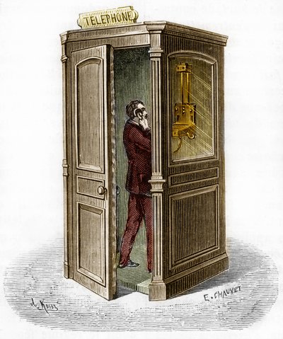 Cabina telefonica nel 1888. Incisione in "Il Giornale della Gioventù" da Unknown artist