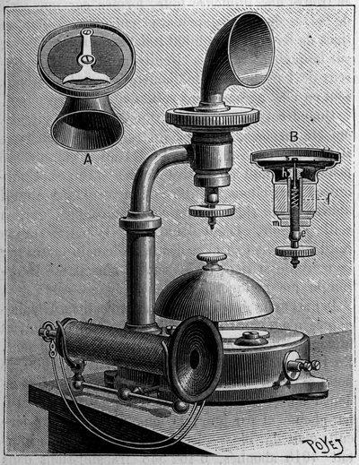 Telefono in Svezia: modello di un telefono della Ericsson Company. Incisione in "La Nature: revue des sciences et de leurs applications aux arts et a l