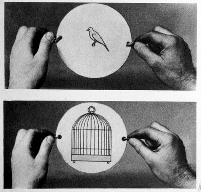 Taumatrope: nel 1825 John Ayrton Paris commercializzò il suo disco magico il taumatrope (ruota miracolosa), su un lato è disegnata una gabbia vuota, sull