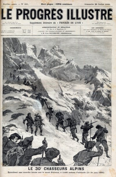 Il 30° cacciatori alpini in marcia forzata sul Monte Pelvoux a 3400 metri di altitudine il 21-24 giugno 1895 - incisione in "Le Progrès illustré" del 1895 da Unknown artist