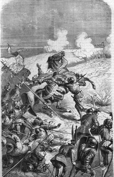 Il veterano di 75 anni John Talot fu richiamato per guidare una spedizione di 3000 uomini, che sbarcarono in Guienna il 17 ottobre 1452. Incisione che rappresenta la morte di Talbot in battaglia. Incisione del XIX secolo da Unknown artist