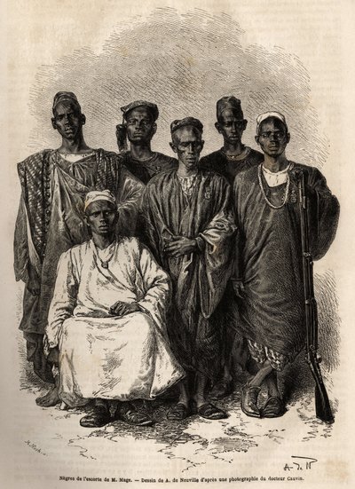 La scorta africana di Mage, tenente di nave, inviato in missione in Niger. Incisione per illustrare la storia del viaggio del tenente Mage nel Sudan occidentale tra il 1863 e il 1866, pubblicato in "Le tour du monde, nouveau journal des voyages", a cura di da Unknown artist