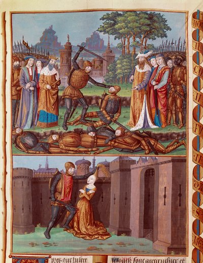 La battaglia degli Orazi e Curiazi. I tre Orazi di Roma incontrano i tre Curiazi. Diverse scene di combattimento. Orazio, uno dei tre fratelli Orazi, romani designati per affrontare i tre Curiazi, dalla città di Alba nel VII secolo da Unknown artist