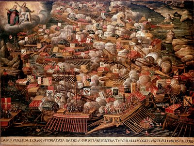 La Battaglia di Lepanto al largo della Grecia oppose le forze spagnole, veneziane e papali agli ottomani nel 1571. Dipinto anonimo. XVI secolo. Venezia, Museo Correr da Unknown artist