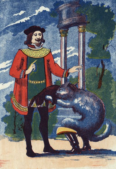 Il gatto con gli stivali offre un coniglio al re. Illustrazione per "Il gatto con gli stivali", racconto di Charles Perrault (1628-1703), scrittore francese. Illustrazione anonima. Immagini Marcel Vagne, Jarville Nancy, senza data (fine XIX secolo) da Unknown artist