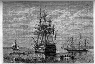 La "Borda" e i suoi annessi "Janus" e "Bougainville". Incisione in "Le journal de la jeunesse". da Unknown artist