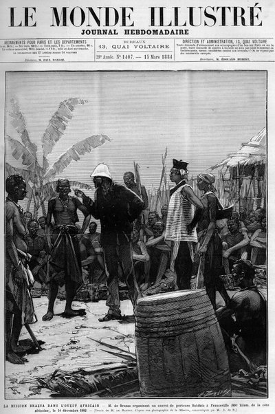 Missione Brazza in Africa occidentale: Pietro Paolo Savorgnan di Brazza o Pierre Paul Francois Camille Savorgnan de Brazza (1852-1905) organizza un convoglio di portatori Batekes a Franceville (Gabon) il 14 dicembre da Unknown artist