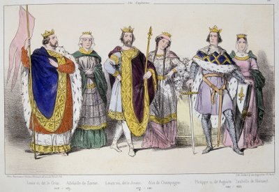 I Capetingi. Da sinistra a destra: Luigi VI detto il Grosso (1081 - 1137), Adelaide o Alix di Savoia (? -1154), Luigi VII detto il giovane (1120 - 1180), Alix di Champagne (1140-1206), Filippo II detto Augusto (1165-1223) e Isabella di Hainaut (1170-1190) da Unknown artist