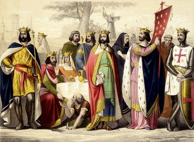 I Capetingi dal 987 al 1137. Ugo Capeto, Roberto I, Costanza, Filippo I, Luigi VI e Luigi VII. Incisione del XIX secolo. da Unknown artist