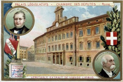 La Camera dei Deputati a Roma (Italia), con ritratti del Conte Camillo Benso di Cavour e Francesco Crispi - cromolitografia Liebig da Unknown artist