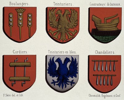 Gli stemmi di Gand (Esempio di stemmi del Medioevo): Panettieri, Tintori, Costruttori di barche, Cordai, Tintori blu, Candelieri da Unknown artist