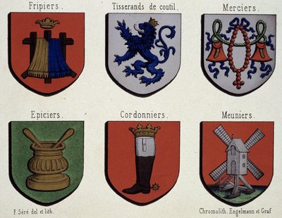Gli stemmi di Gand (Specimen di stemmi del Medioevo): Friebriers, Cusserands, Merciers, Droghieri, Calzolai, Mugnai da Unknown artist