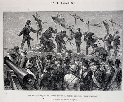 La Comune: Massoni che piantano le loro bandiere sulle fortificazioni a Porte Maillot (1871) - incisione da Unknown artist