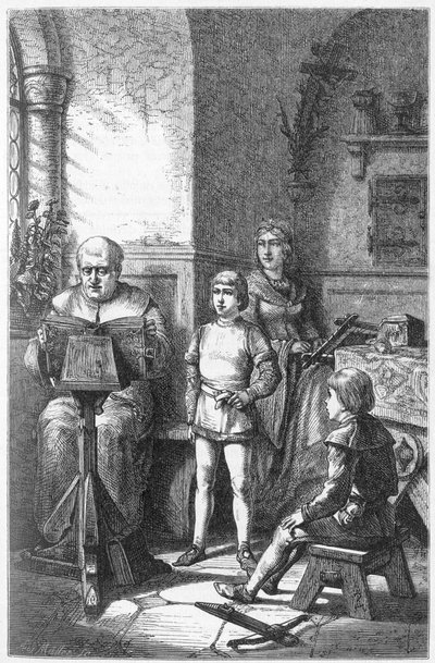 Il Vescovo di Costanza legge la storia tedesca a Corrado, noto come Corradino di Hohenstaufen (1252-1268) e Federico I di Baden-Baden da Unknown artist