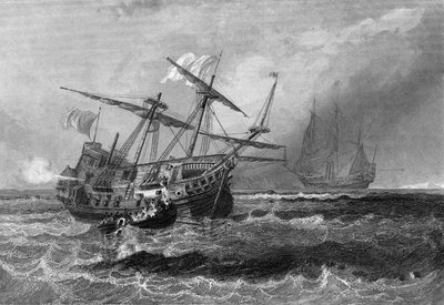 Il Corbin perso sulla barriera corallina nelle Isole Maldive il 1 luglio 1602. In "Storia generale della marina" di Van Tenac da Unknown artist